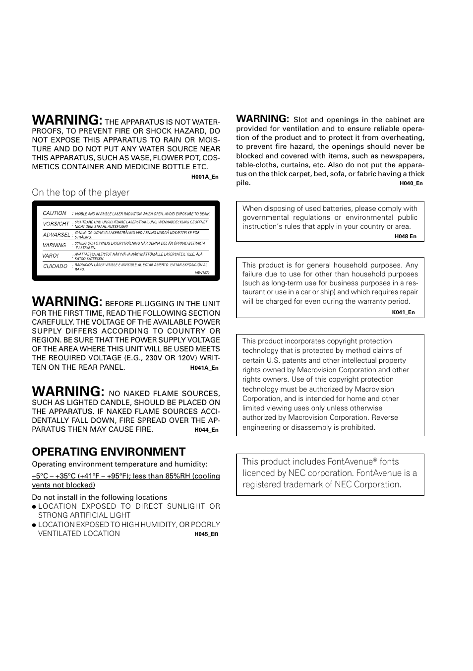 Operating environment, Warning, On the top of the player | Pioneer DV-350  EN User Manual | Page 3 / 56