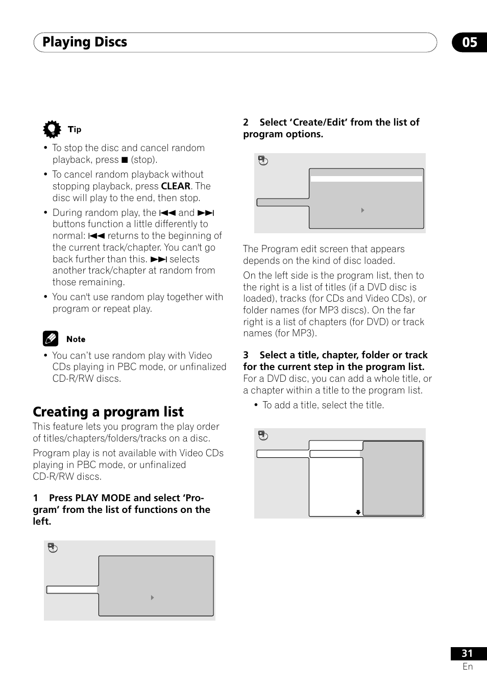 Creating a program list, Playing discs 05 | Pioneer DV-350  EN User Manual | Page 31 / 56