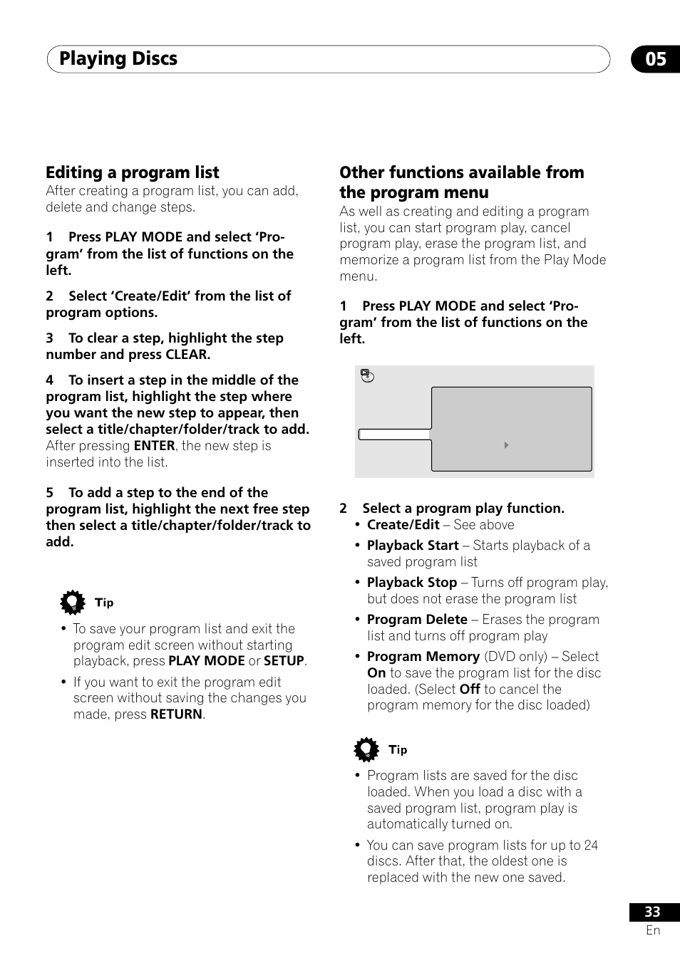 Playing discs 05, Editing a program list, Other functions available from the program menu | Pioneer DV-350  EN User Manual | Page 33 / 56