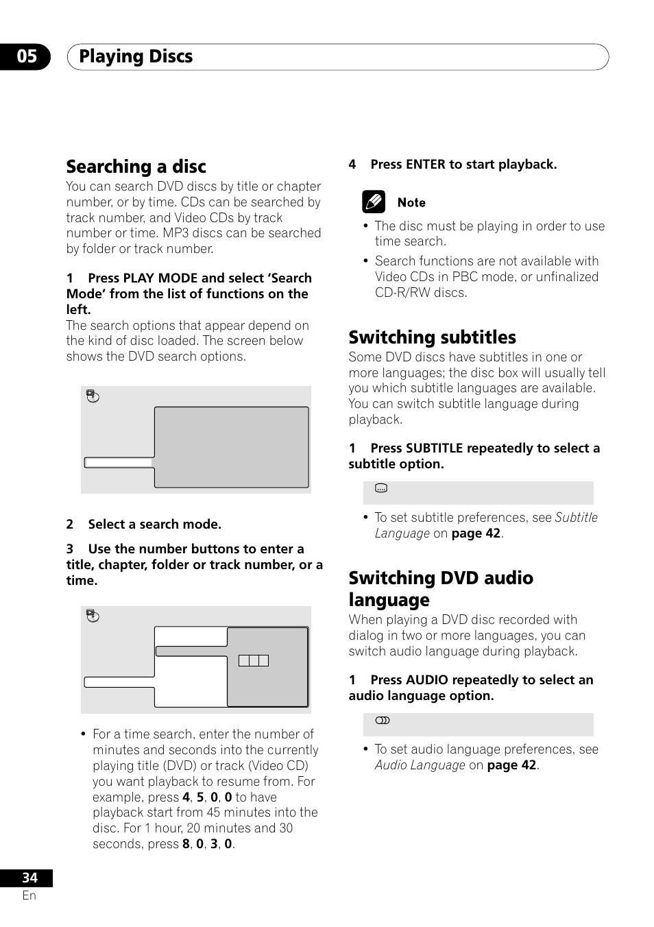 Playing discs 05, Searching a disc, Switching subtitles | Switching dvd audio language | Pioneer DV-350  EN User Manual | Page 34 / 56