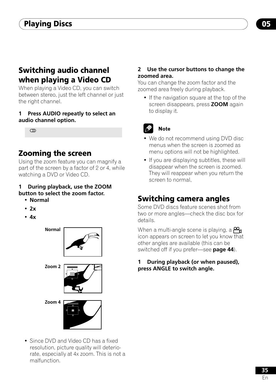 Playing discs 05, Switching audio channel when playing a video cd, Zooming the screen | Switching camera angles | Pioneer DV-350  EN User Manual | Page 35 / 56