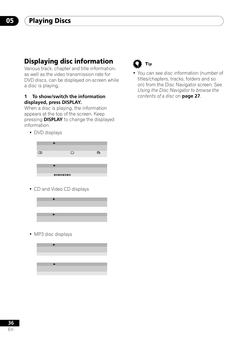 Displaying disc information, Playing discs 05, Cd and video cd displays | Mp3 disc displays | Pioneer DV-350  EN User Manual | Page 36 / 56