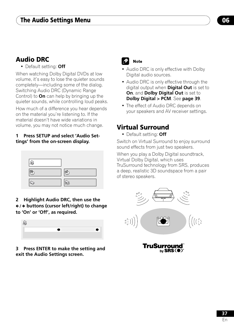 Audio drc virtual surround, The audio settings menu 06, Virtual surround | Audio drc | Pioneer DV-350  EN User Manual | Page 37 / 56