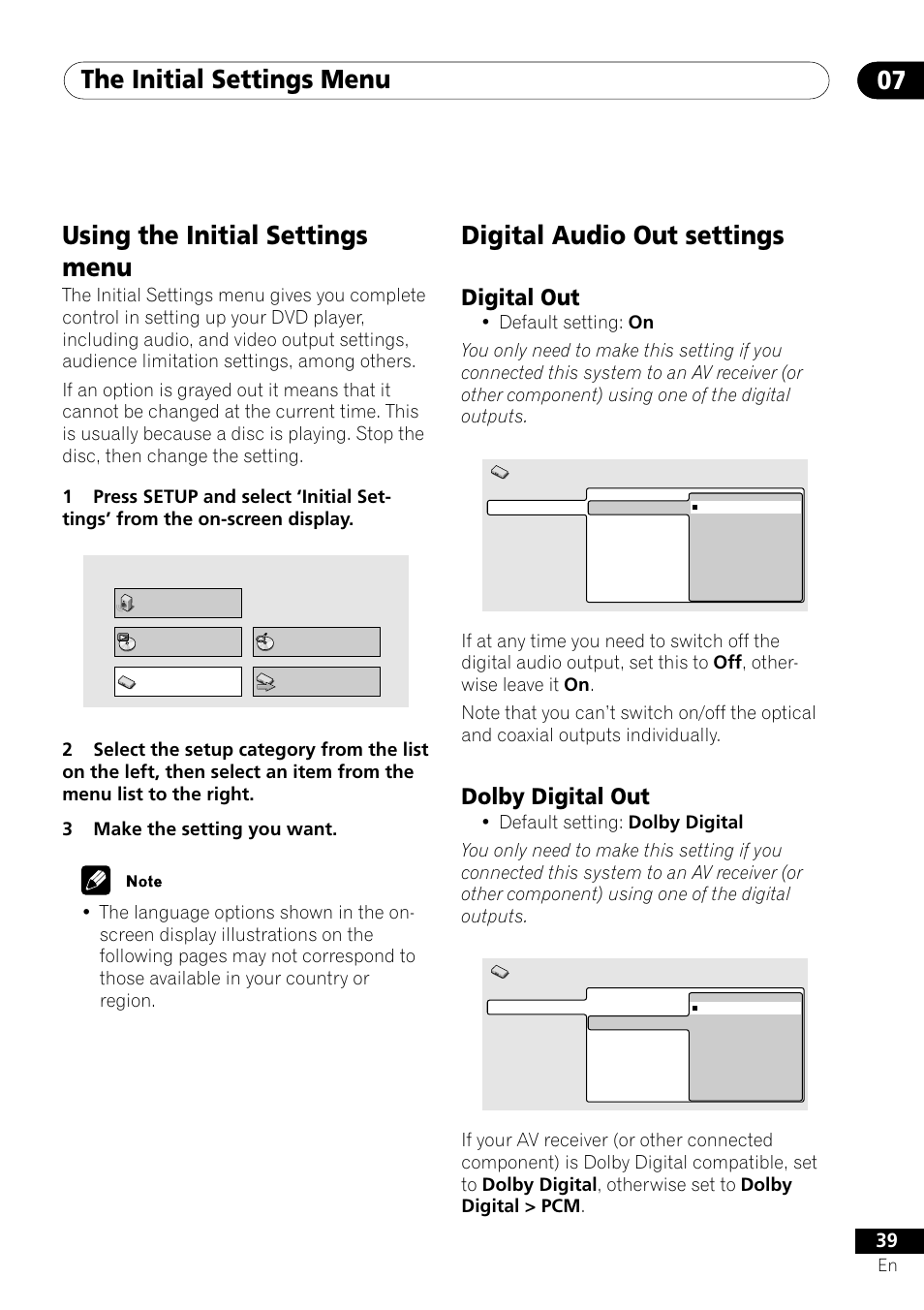 Digital out dolby digital out, The initial settings menu 07, Digital audio out settings | Using the initial settings menu, Digital out, Dolby digital out | Pioneer DV-350  EN User Manual | Page 39 / 56