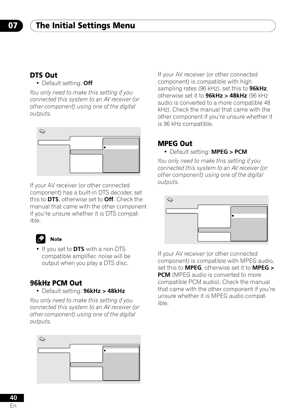 Dts out 96khz pcm out mpeg out, The initial settings menu 07, Mpeg out | Dts out, 96khz pcm out | Pioneer DV-350  EN User Manual | Page 40 / 56