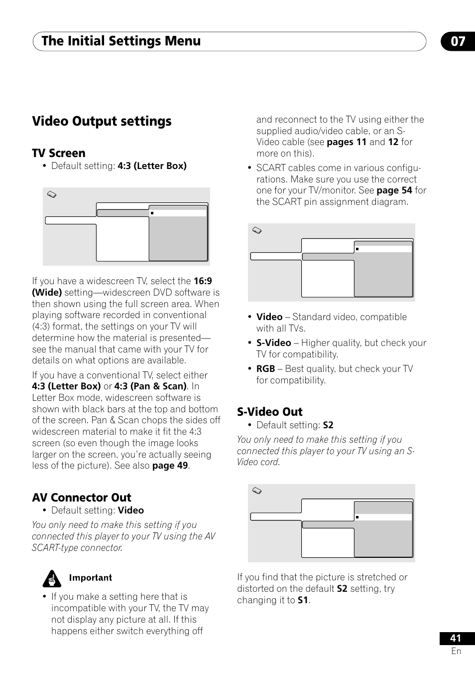 Video output settings, Tv screen av connector out s-video out, The initial settings menu 07 | S-video out, Tv screen, Av connector out, Default setting: 4:3 (letter box) | Pioneer DV-350  EN User Manual | Page 41 / 56