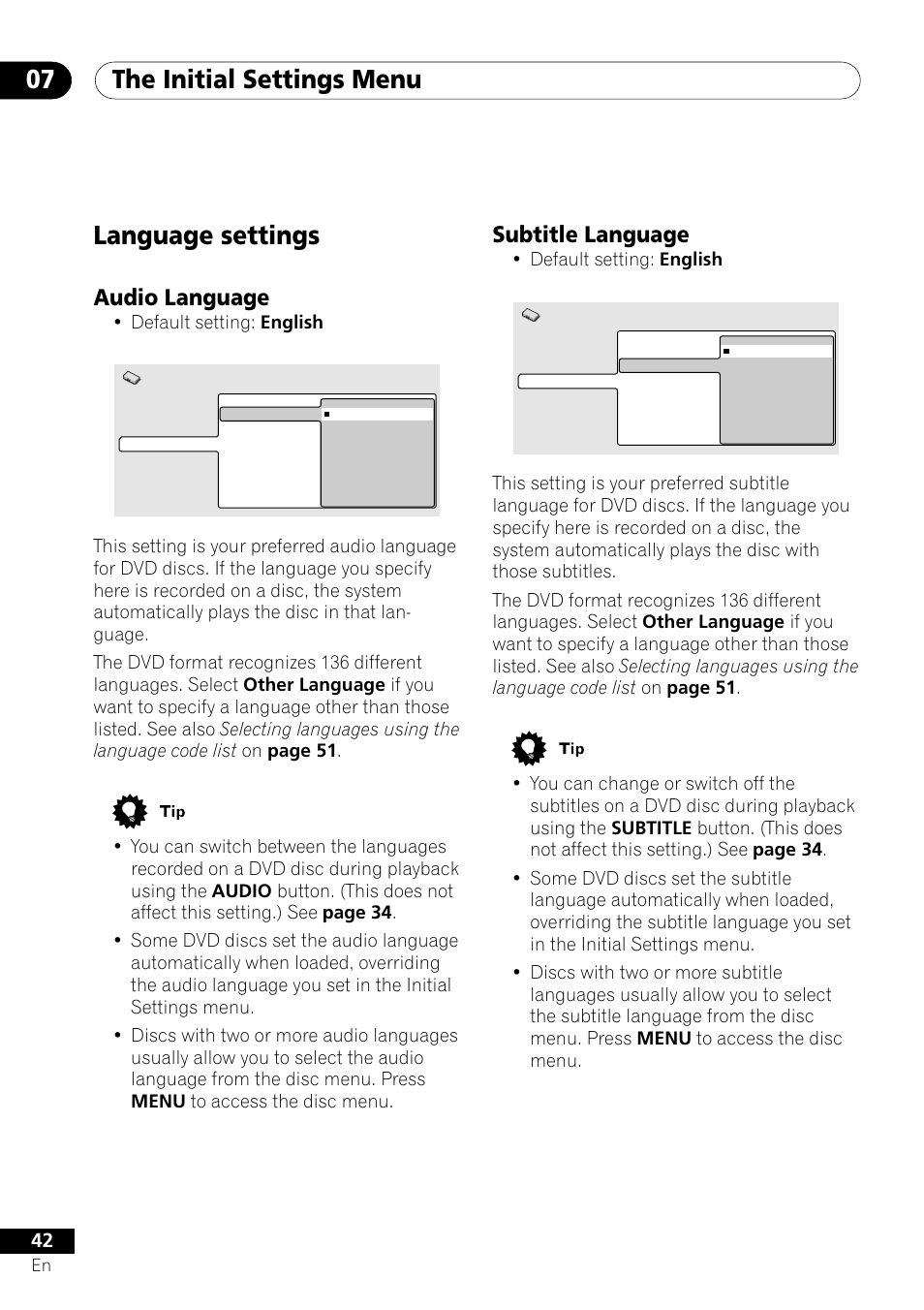 Language settings, Audio language subtitle language, The initial settings menu 07 | Subtitle language, Audio language, Default setting: english | Pioneer DV-350  EN User Manual | Page 42 / 56