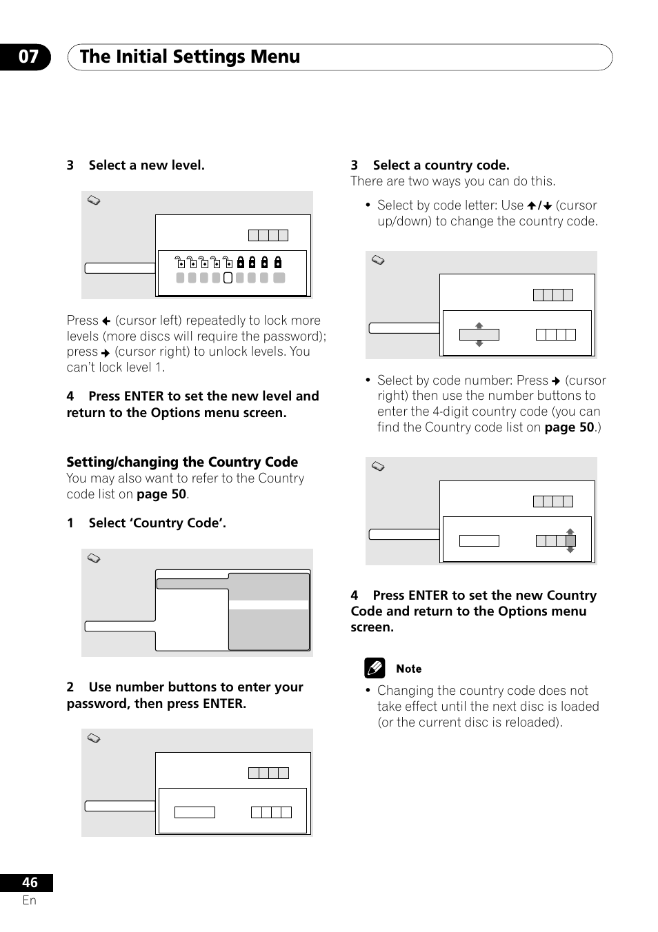 Setting/changing the country code, The initial settings menu 07, 3select a new level | Cursor up/down) to change the country code | Pioneer DV-350  EN User Manual | Page 46 / 56