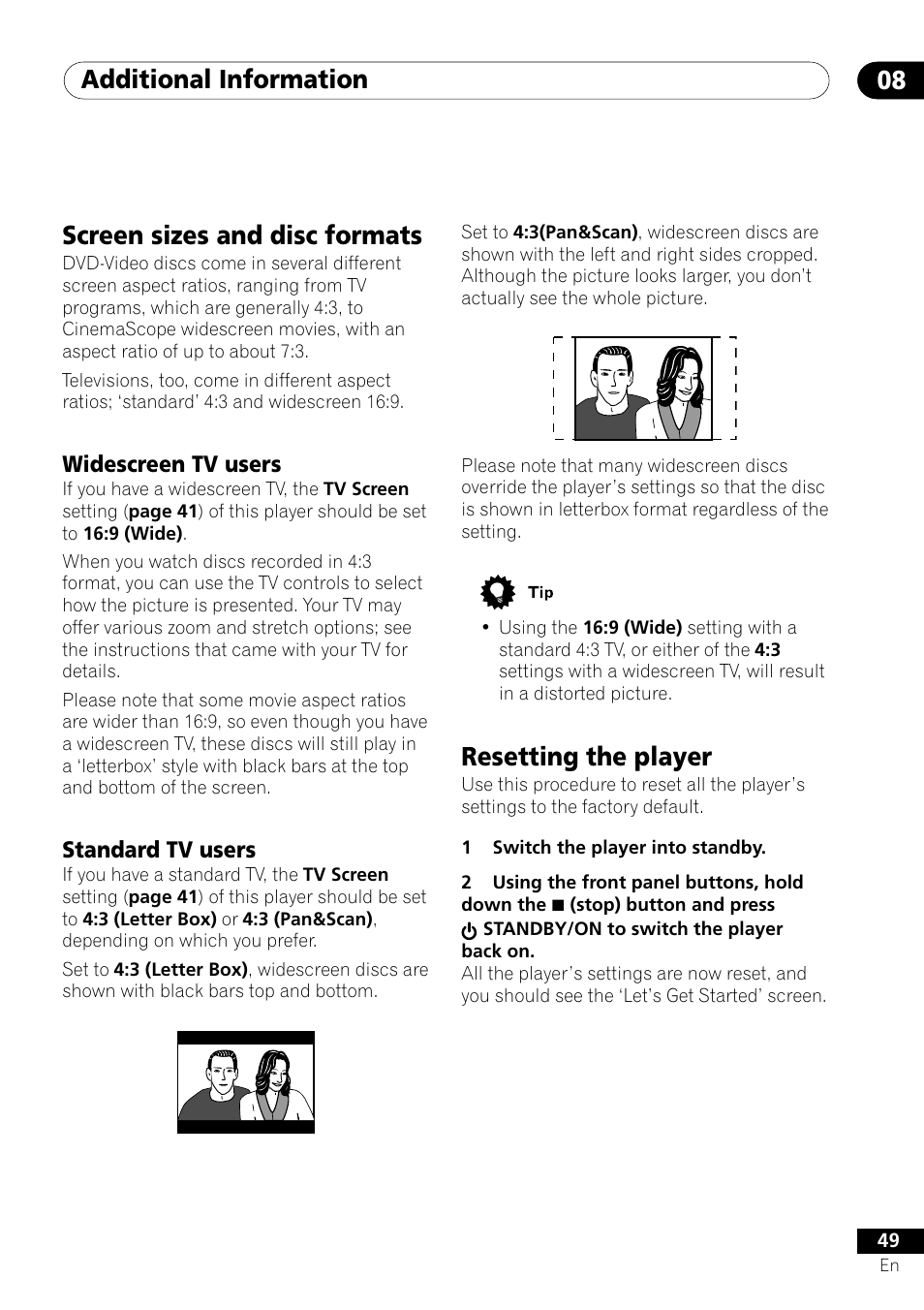 Screen sizes and disc formats, Widescreen tv users standard tv users, Resetting the player | Additional information 08 | Pioneer DV-350  EN User Manual | Page 49 / 56