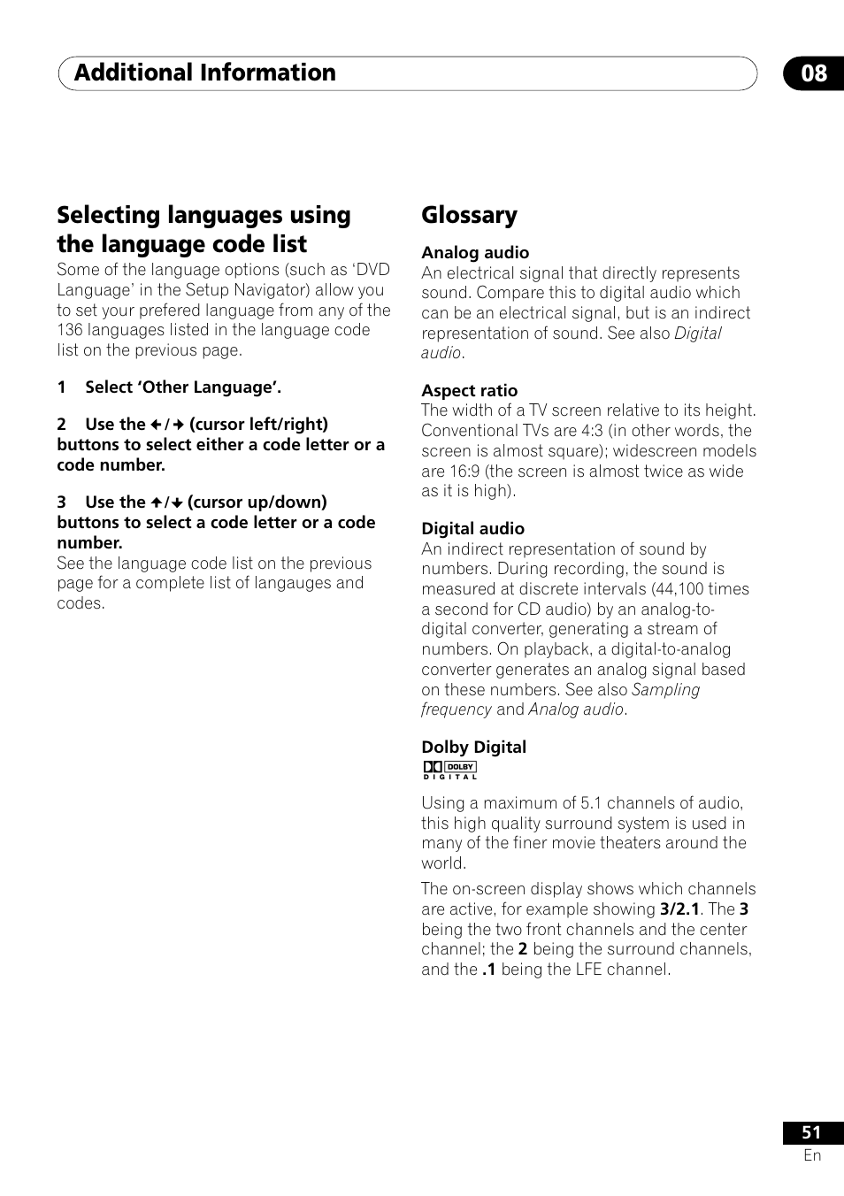 Additional information 08, Glossary, Selecting languages using the language code list | Pioneer DV-350  EN User Manual | Page 51 / 56