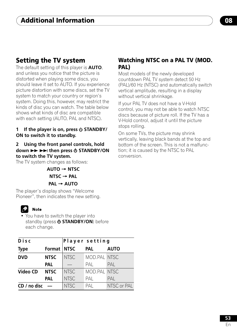 Setting the tv system, Watching ntsc on a pal tv (mod. pal), Additional information 08 | Pioneer DV-350  EN User Manual | Page 53 / 56