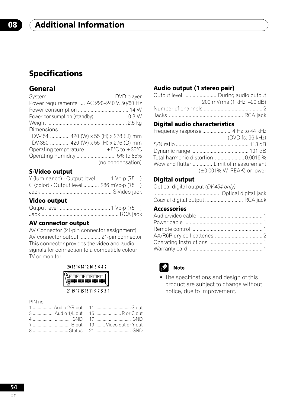 Specifications, Additional information 08, General | Pioneer DV-350  EN User Manual | Page 54 / 56