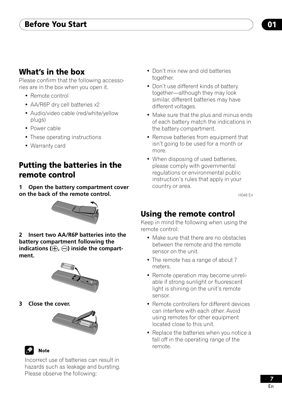 Before you start 01, Using the remote control, What’s in the box | Putting the batteries in the remote control | Pioneer DV-350  EN User Manual | Page 7 / 56