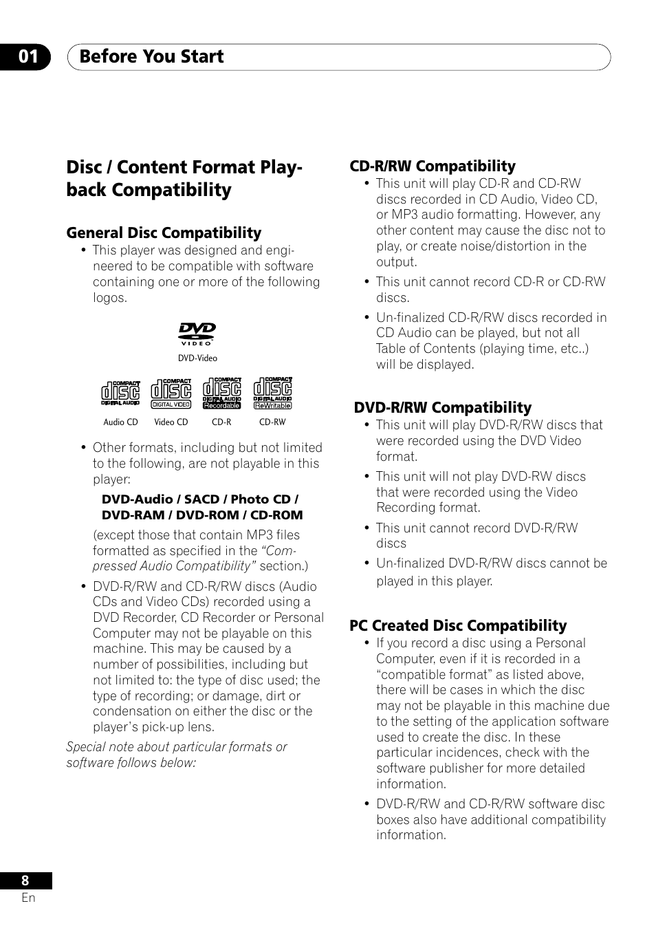 Disc / content format playback compatibility, Before you start 01, Disc / content format play- back compatibility | Pioneer DV-350  EN User Manual | Page 8 / 56