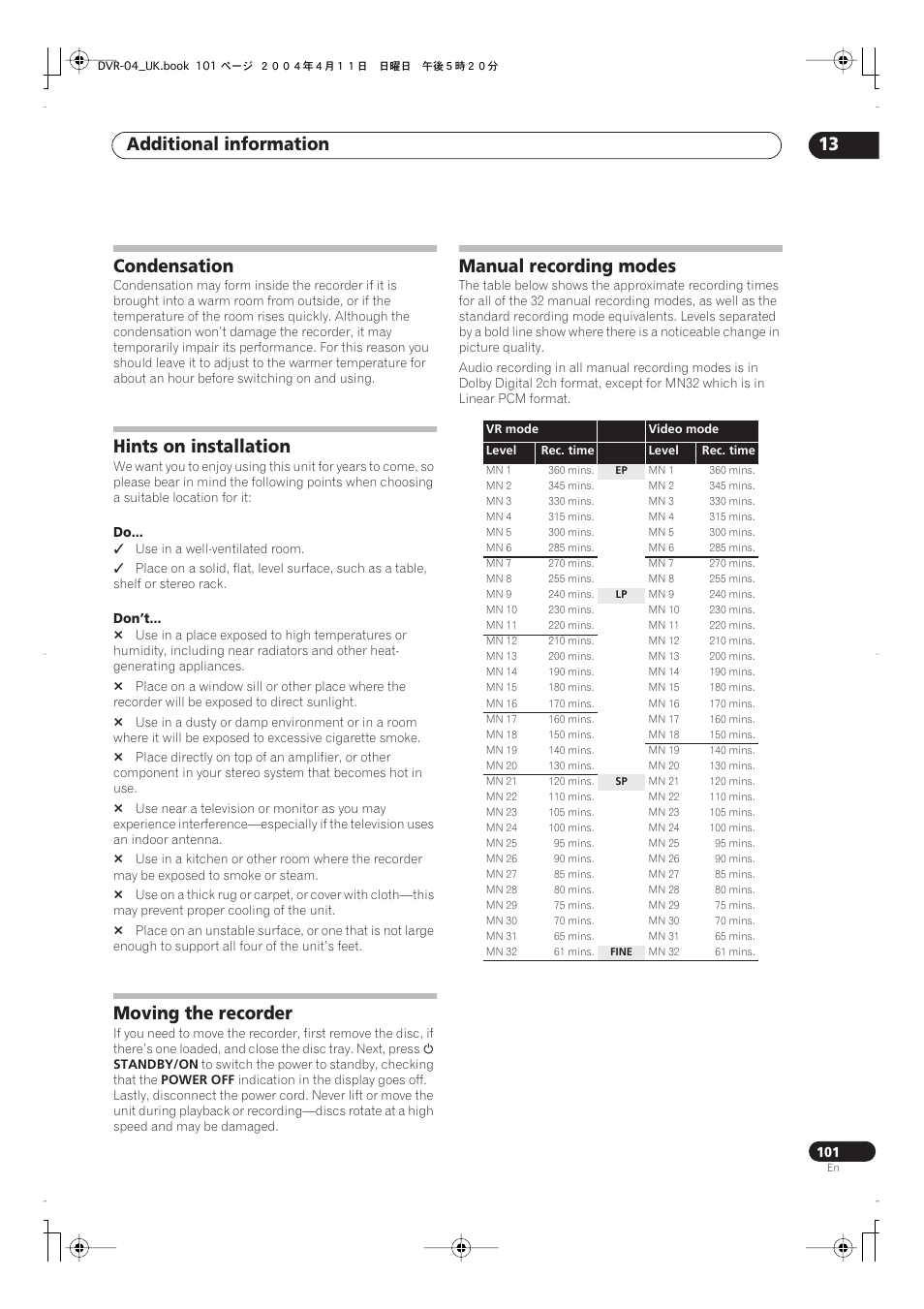 Condensation, Hints on installation, Moving the recorder | Manual recording modes, Additional information 13 | Pioneer DVR-220 User Manual | Page 101 / 108