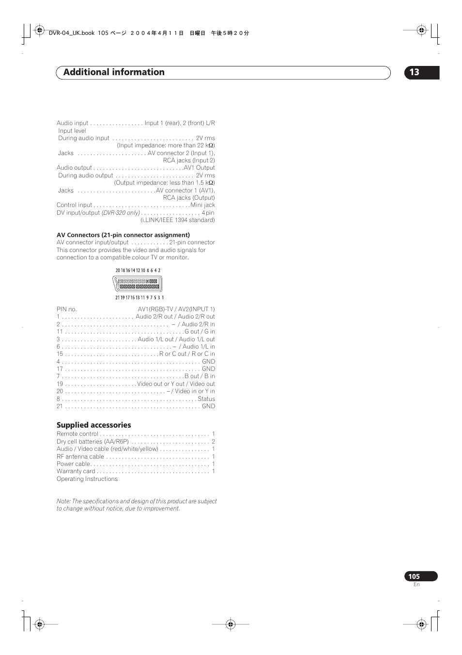 Additional information 13, Supplied accessories | Pioneer DVR-220 User Manual | Page 105 / 108