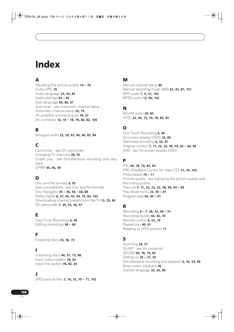 Index | Pioneer DVR-220 User Manual | Page 106 / 108