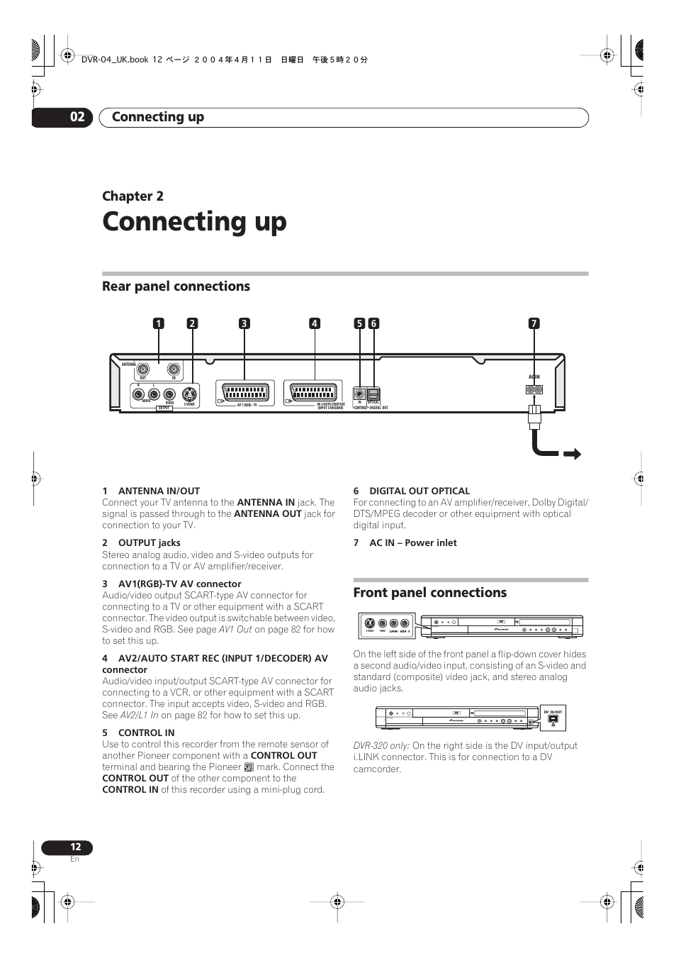 02 connecting up, Connecting up, Connecting up 02 | Chapter 2, Rear panel connections, Front panel connections | Pioneer DVR-220 User Manual | Page 12 / 108