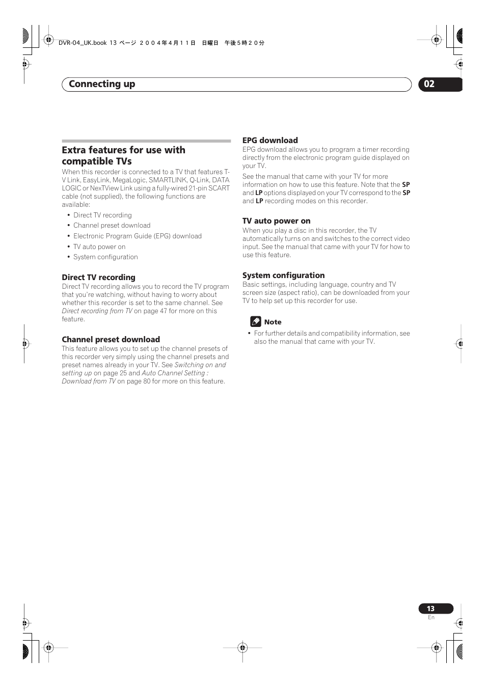 Connecting up 02, Extra features for use with compatible tvs | Pioneer DVR-220 User Manual | Page 13 / 108
