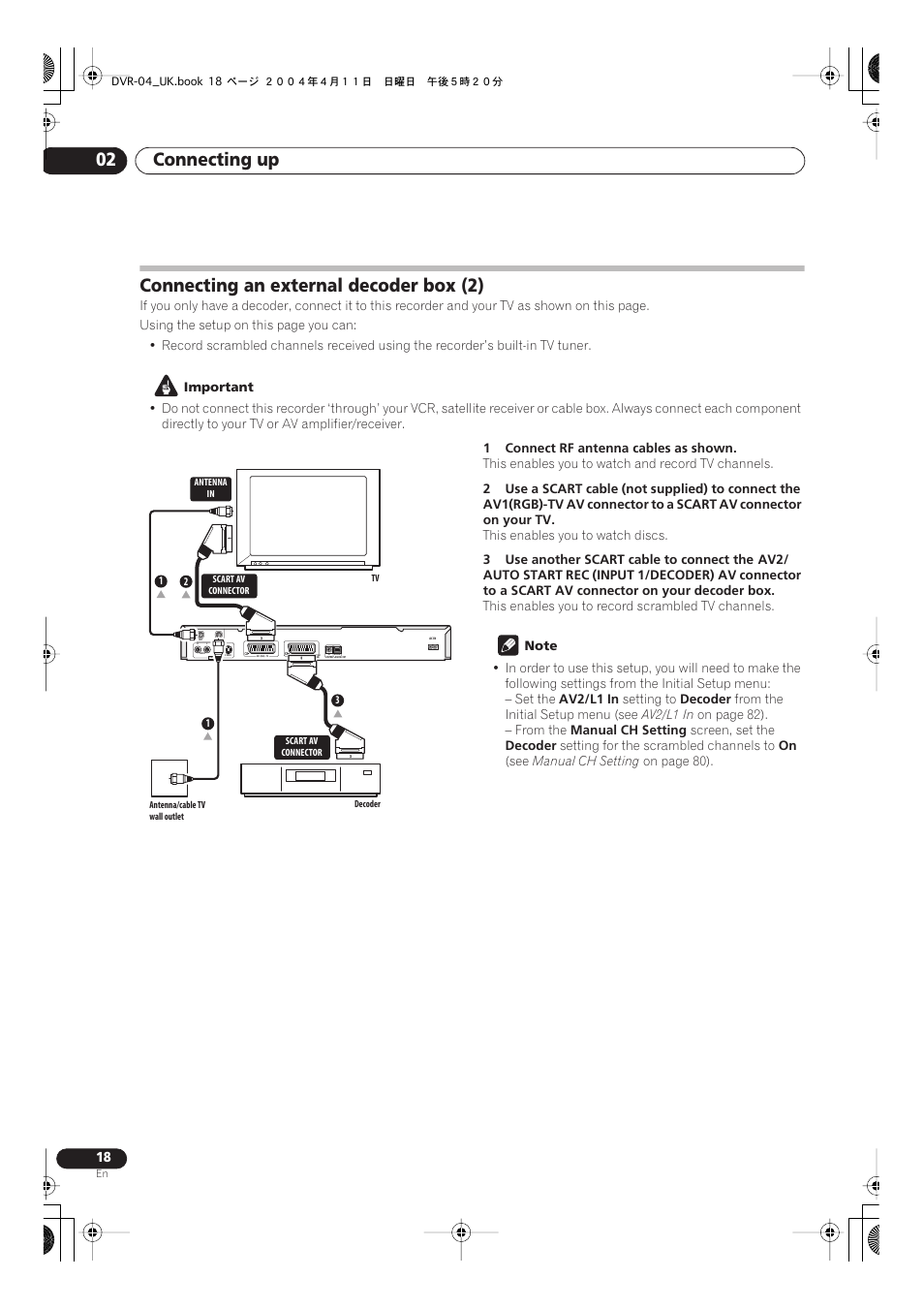 Connecting up 02, Connecting an external decoder box (2) | Pioneer DVR-220 User Manual | Page 18 / 108