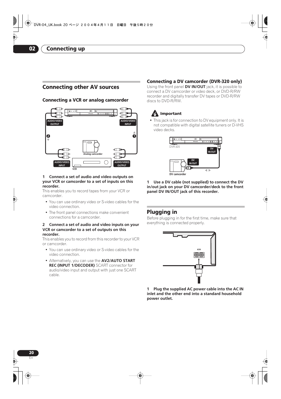 Plugging in, Connecting up 02, Connecting other av sources | Pioneer DVR-220 User Manual | Page 20 / 108