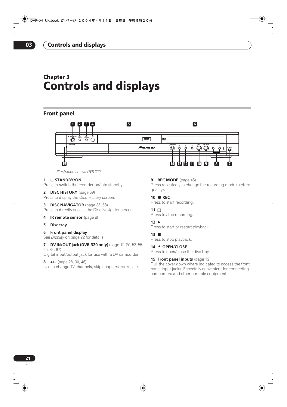 03 controls and displays, Front panel, Controls and displays | Controls and displays 03, Chapter 3 | Pioneer DVR-220 User Manual | Page 21 / 108