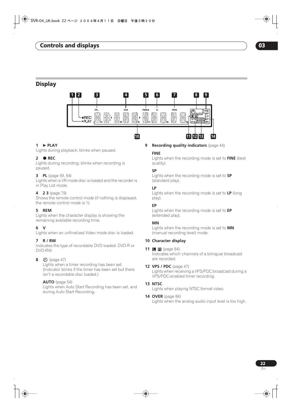 Controls and displays 03, Display | Pioneer DVR-220 User Manual | Page 22 / 108