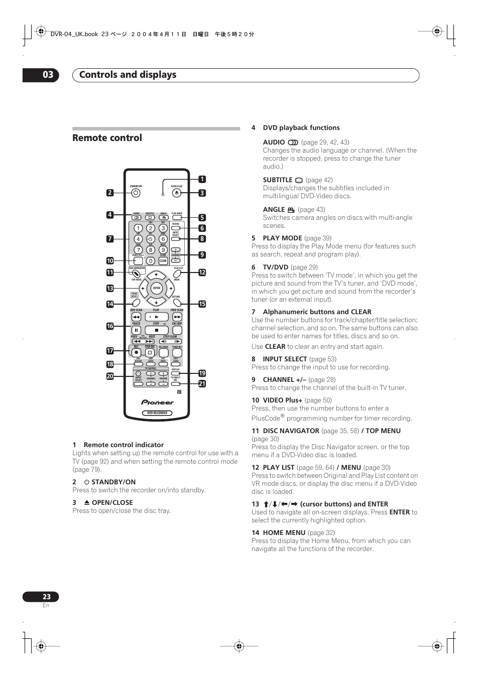 Remote control, Controls and displays 03 | Pioneer DVR-220 User Manual | Page 23 / 108