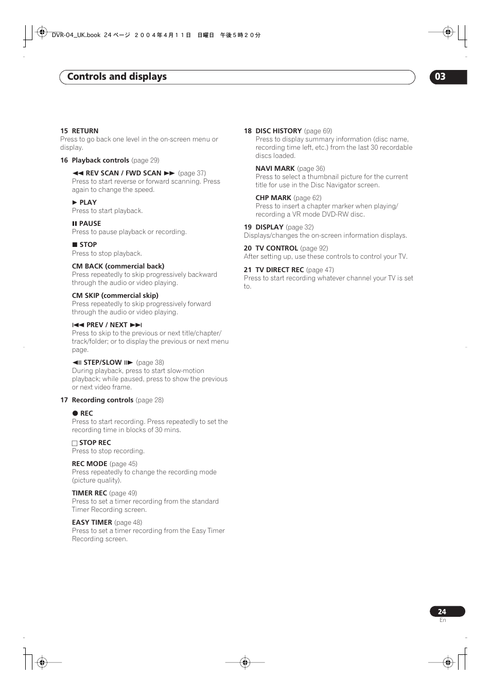 Controls and displays 03 | Pioneer DVR-220 User Manual | Page 24 / 108