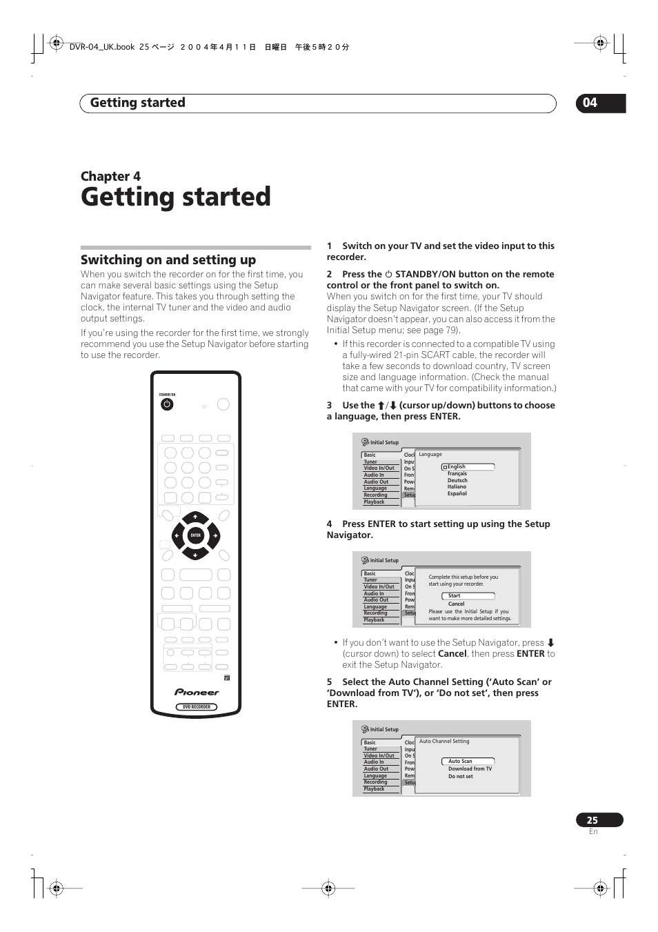 04 getting started, Getting started, Getting started 04 | Chapter 4, Switching on and setting up | Pioneer DVR-220 User Manual | Page 25 / 108