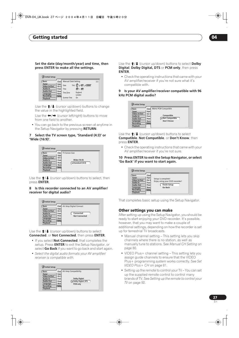 Getting started 04, Other settings you can make | Pioneer DVR-220 User Manual | Page 27 / 108