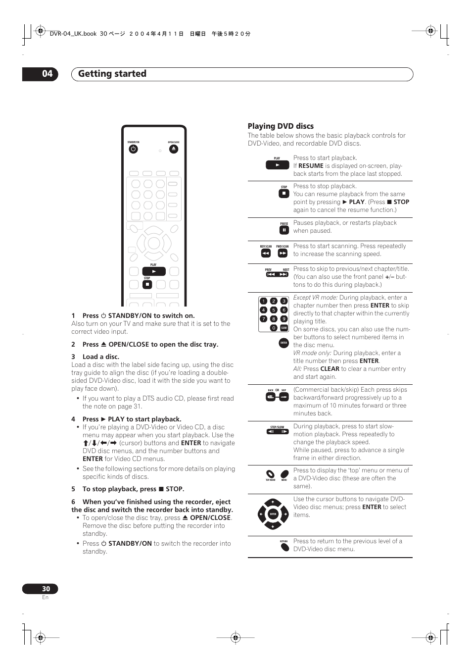 Getting started 04, Playing dvd discs | Pioneer DVR-220 User Manual | Page 30 / 108