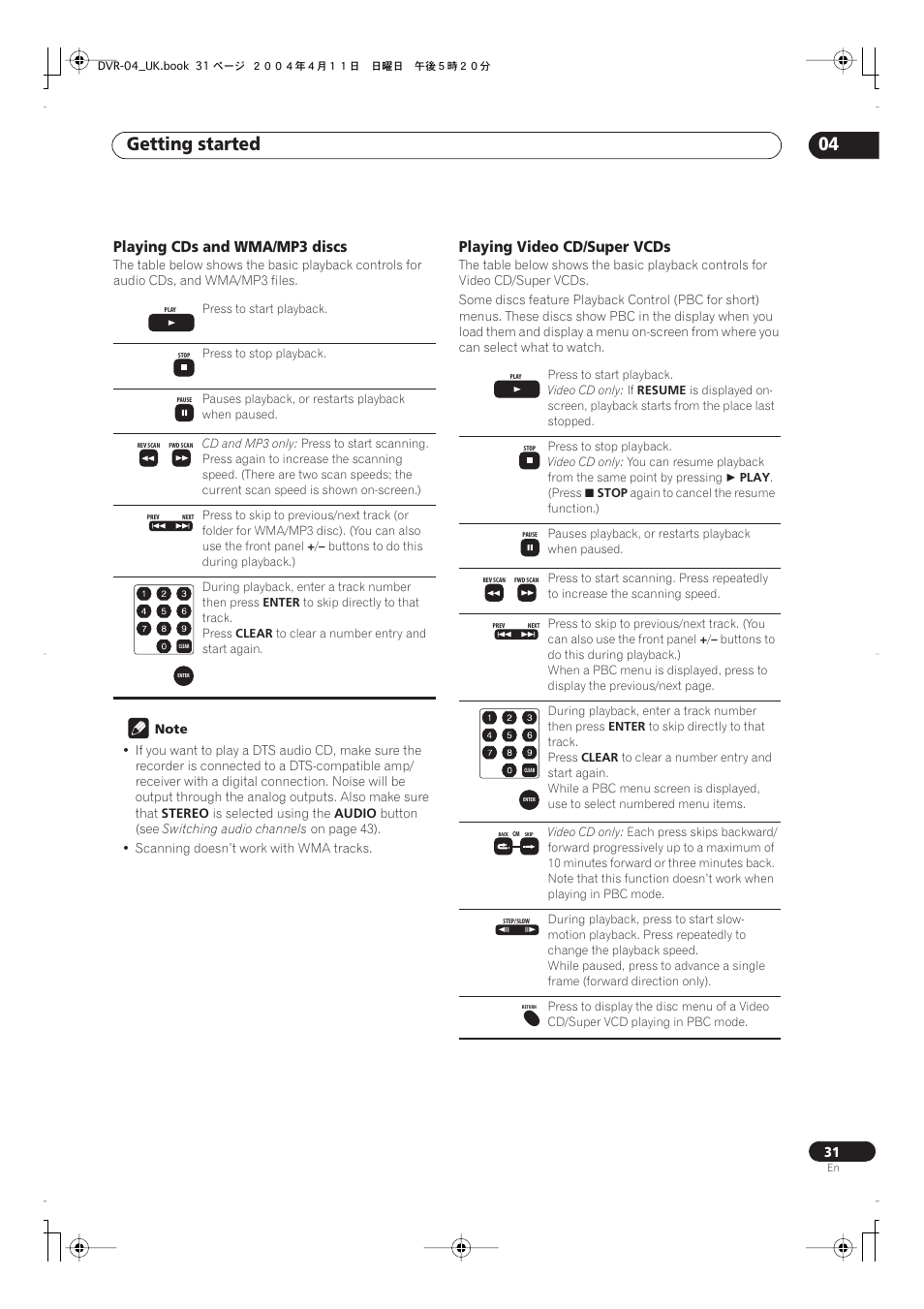 Getting started 04, Playing cds and wma/mp3 discs, Playing video cd/super vcds | Pioneer DVR-220 User Manual | Page 31 / 108