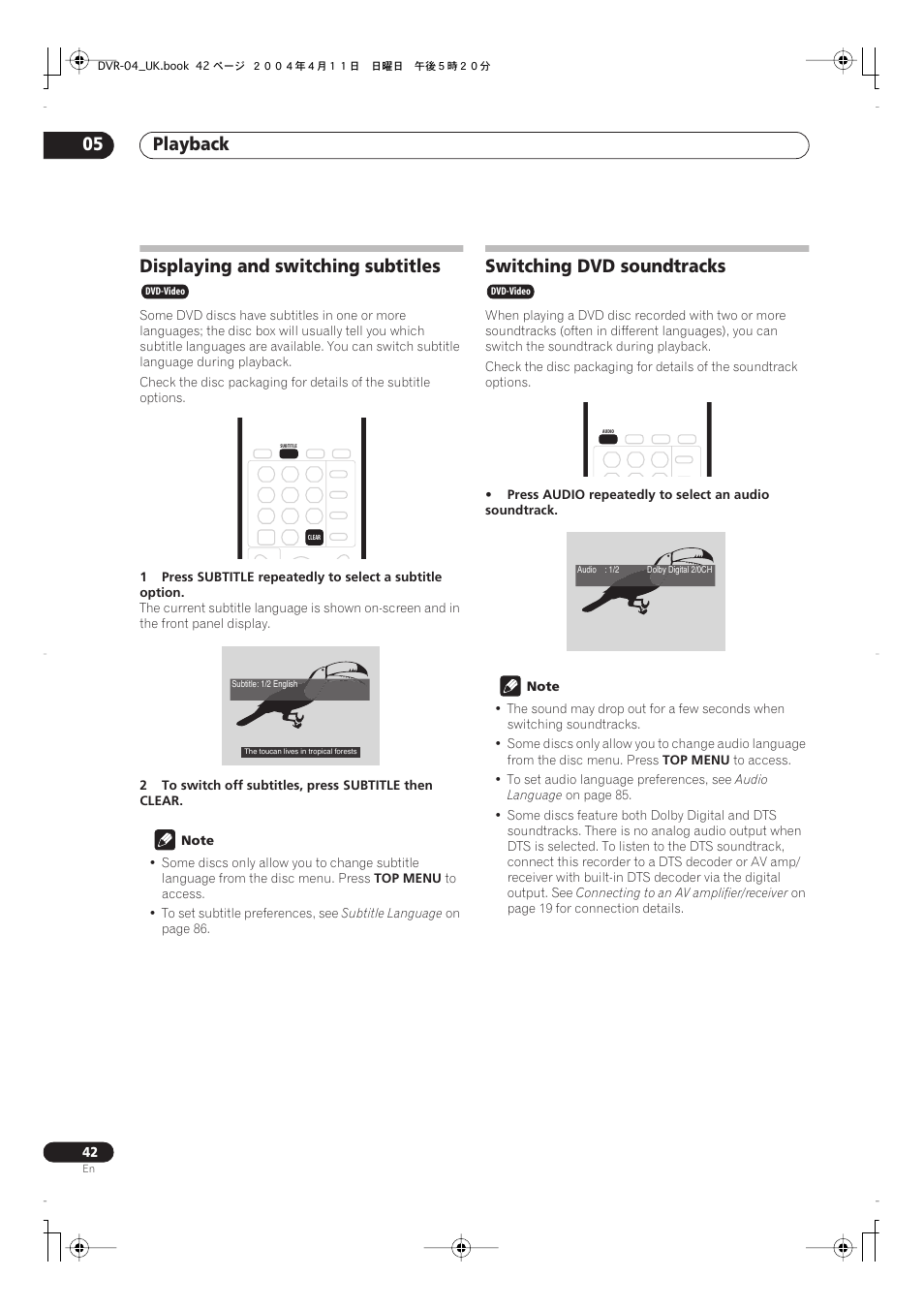 Playback 05, Displaying and switching subtitles, Switching dvd soundtracks | Pioneer DVR-220 User Manual | Page 42 / 108