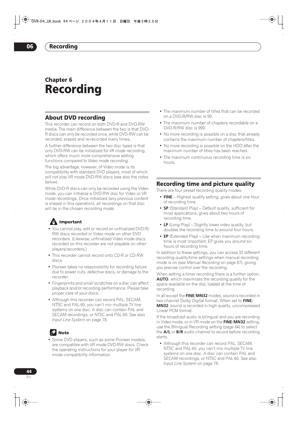 06 recording, Recording, Recording 06 | Chapter 6, About dvd recording, Recording time and picture quality | Pioneer DVR-220 User Manual | Page 44 / 108