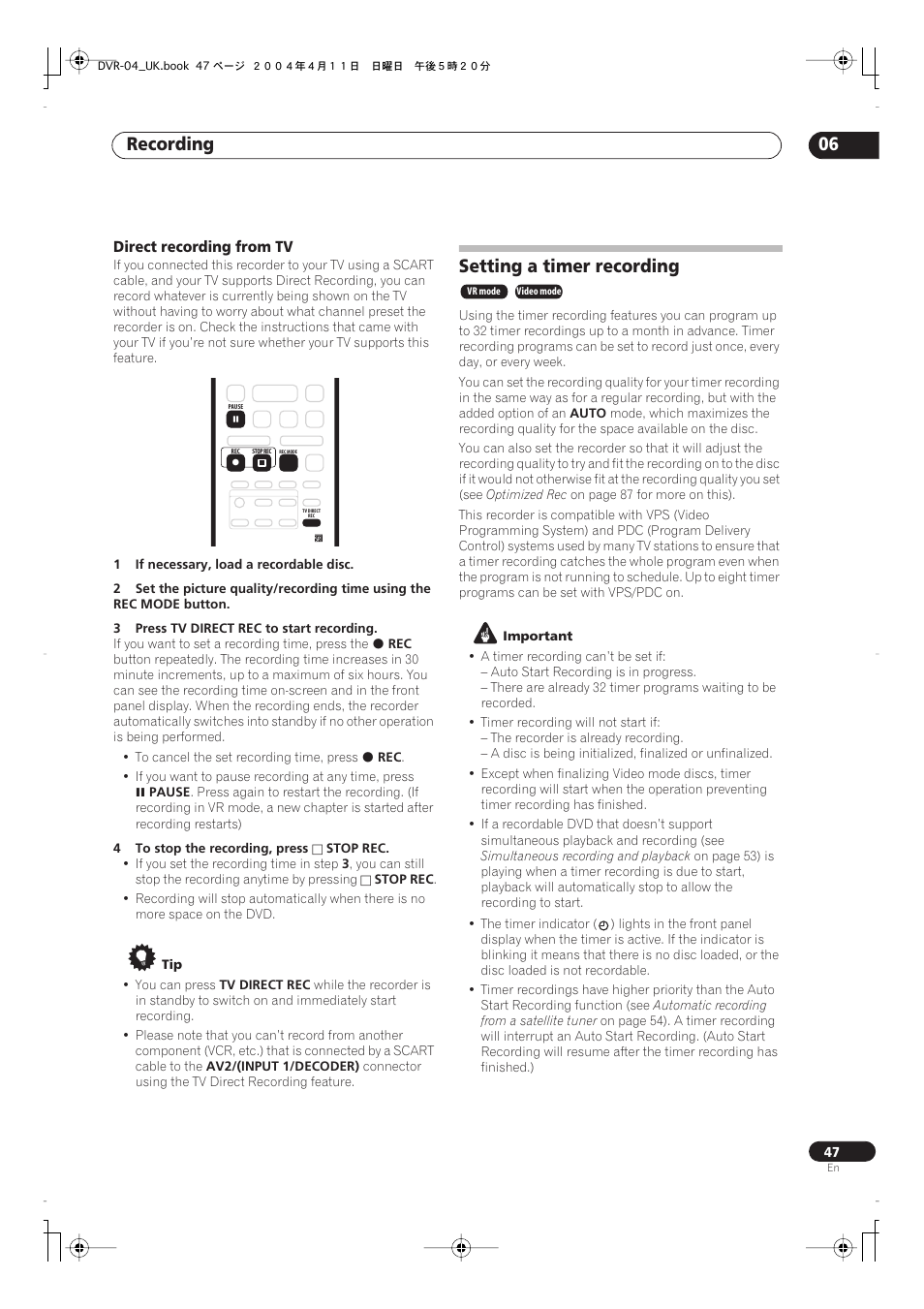 Recording 06, Setting a timer recording | Pioneer DVR-220 User Manual | Page 47 / 108