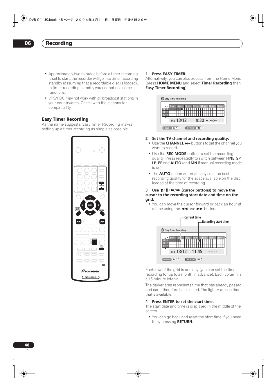 Recording 06, Easy timer recording | Pioneer DVR-220 User Manual | Page 48 / 108
