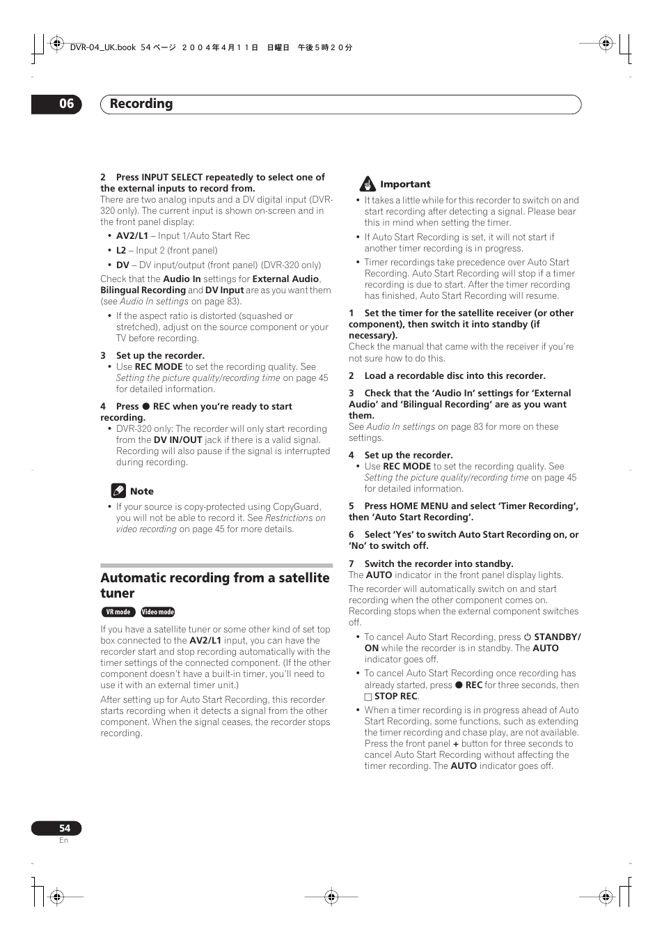 Recording 06, Automatic recording from a satellite tuner | Pioneer DVR-220 User Manual | Page 54 / 108