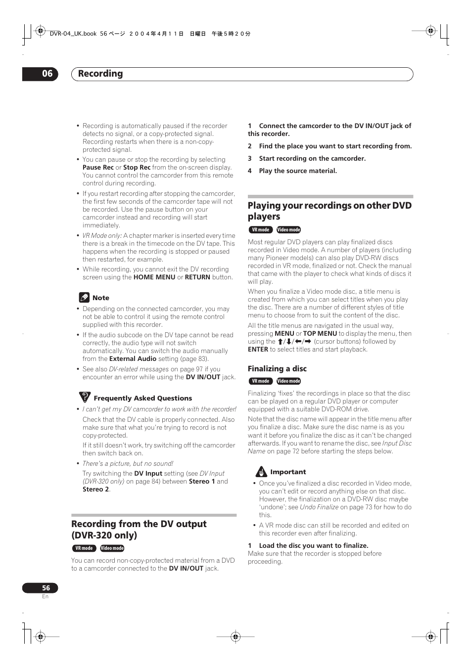 Rear panel connections, Front panel connections, Recording 06 | Recording from the dv output (dvr-320 only), Playing your recordings on other dvd players | Pioneer DVR-220 User Manual | Page 56 / 108