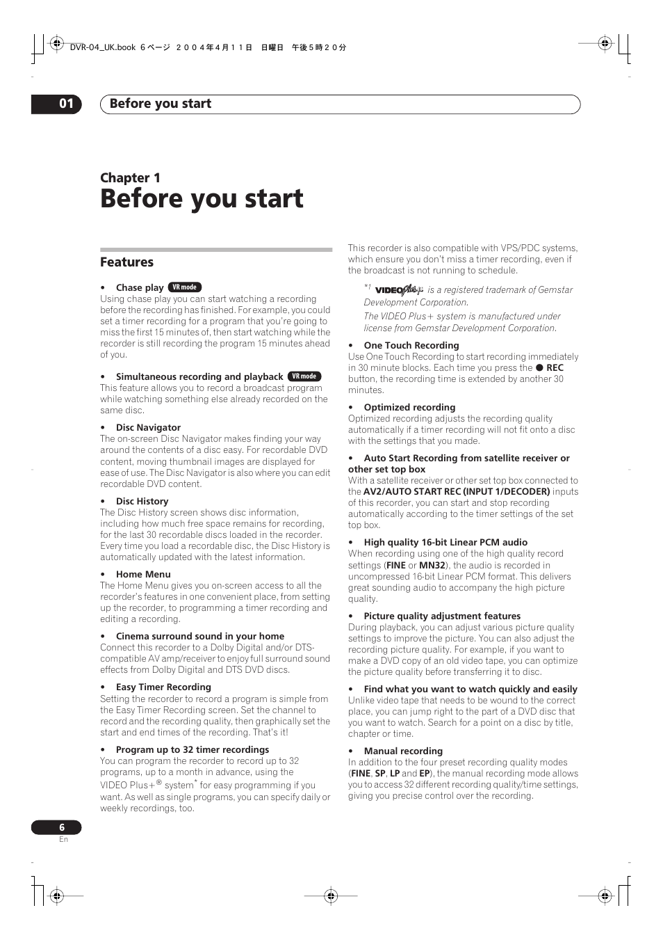 01 before you start, Before you start, Before you start 01 | Chapter 1, Features | Pioneer DVR-220 User Manual | Page 6 / 108