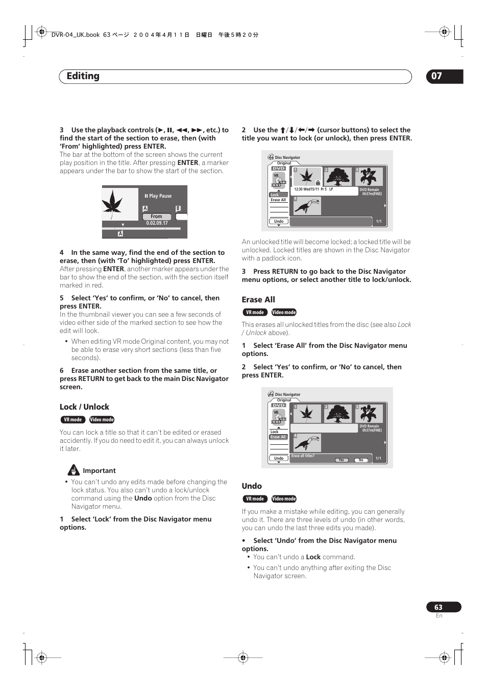 Connecting to an av amplifier/receiver, Editing 07, Lock / unlock | Erase all, Undo | Pioneer DVR-220 User Manual | Page 63 / 108