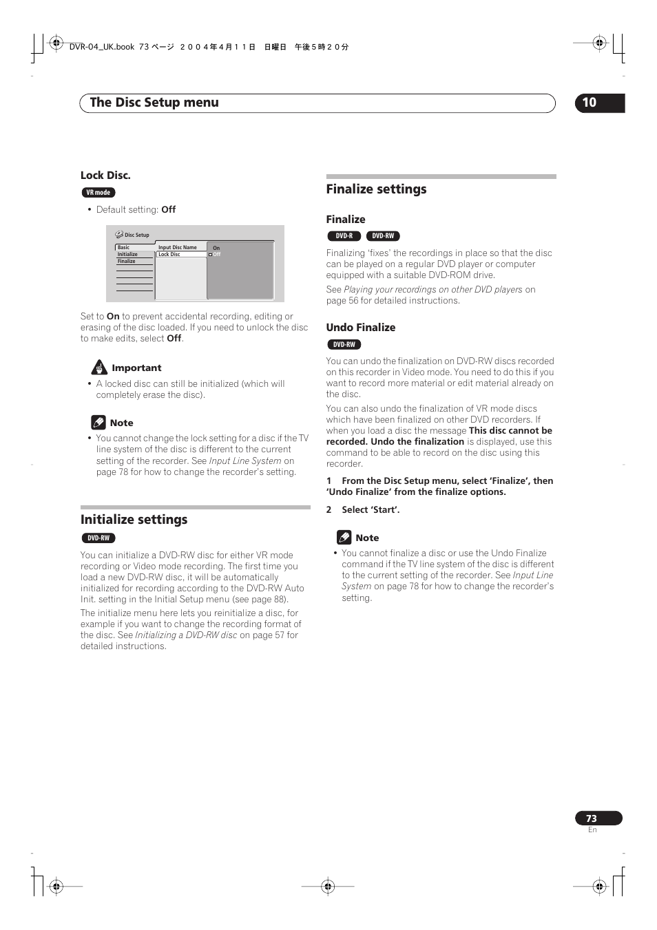 Basic playback, Initialize settings, Finalize settings | The disc setup menu 10 | Pioneer DVR-220 User Manual | Page 73 / 108