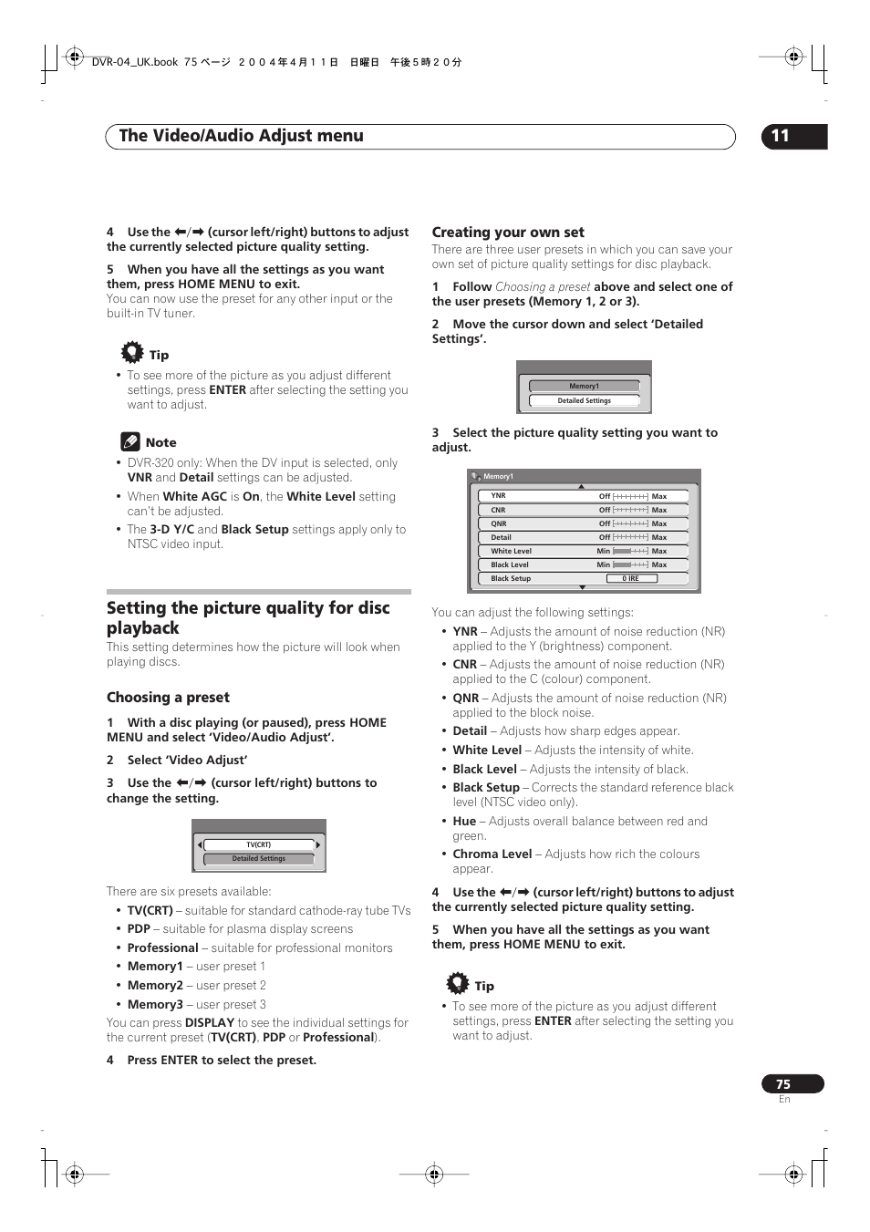 Setting the picture quality for disc playback, The video/audio adjust menu 11 | Pioneer DVR-220 User Manual | Page 75 / 108