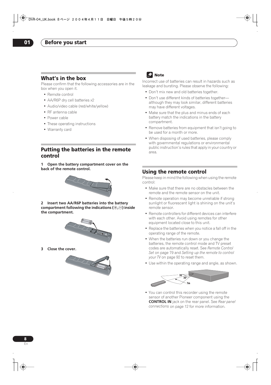 Before you start 01, What’s in the box, Putting the batteries in the remote control | Using the remote control | Pioneer DVR-220 User Manual | Page 8 / 108