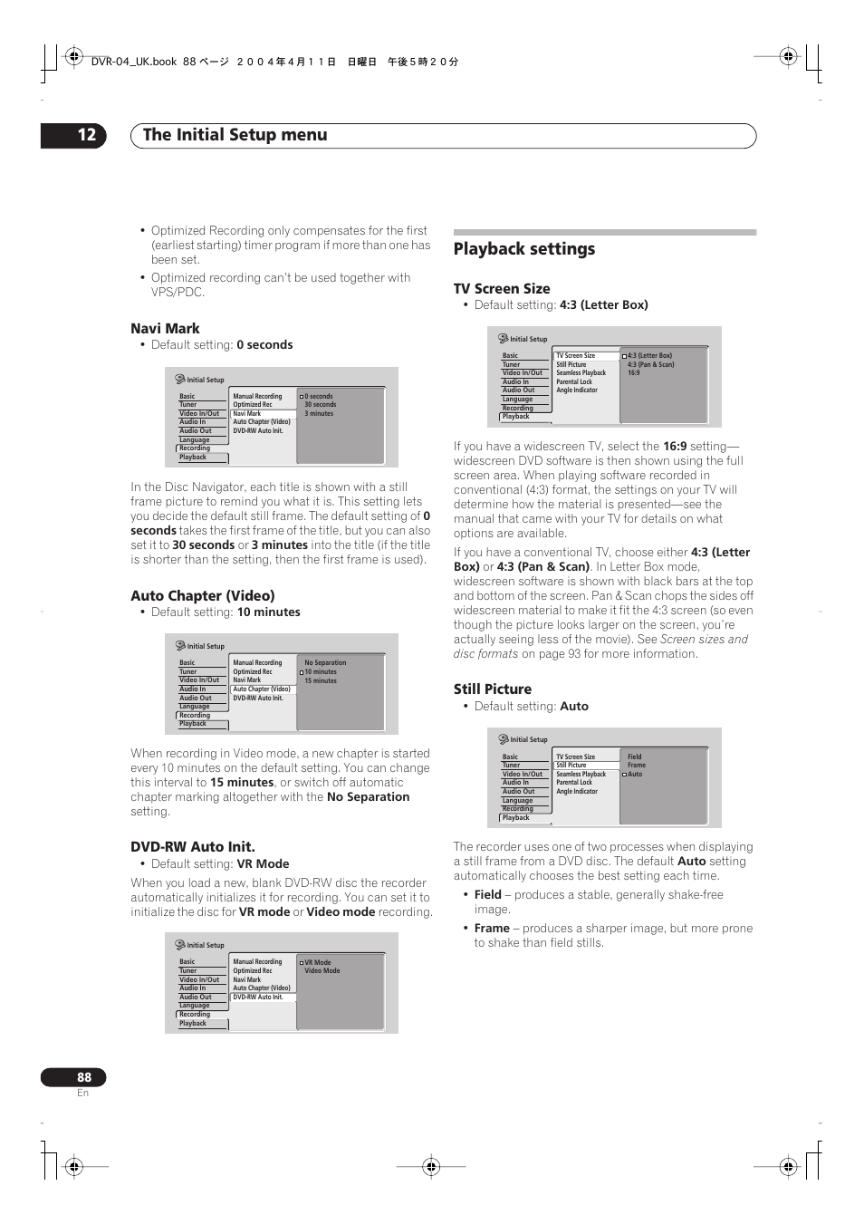 About dvd recording, Recording time and picture quality, Playback settings | The initial setup menu 12 | Pioneer DVR-220 User Manual | Page 88 / 108