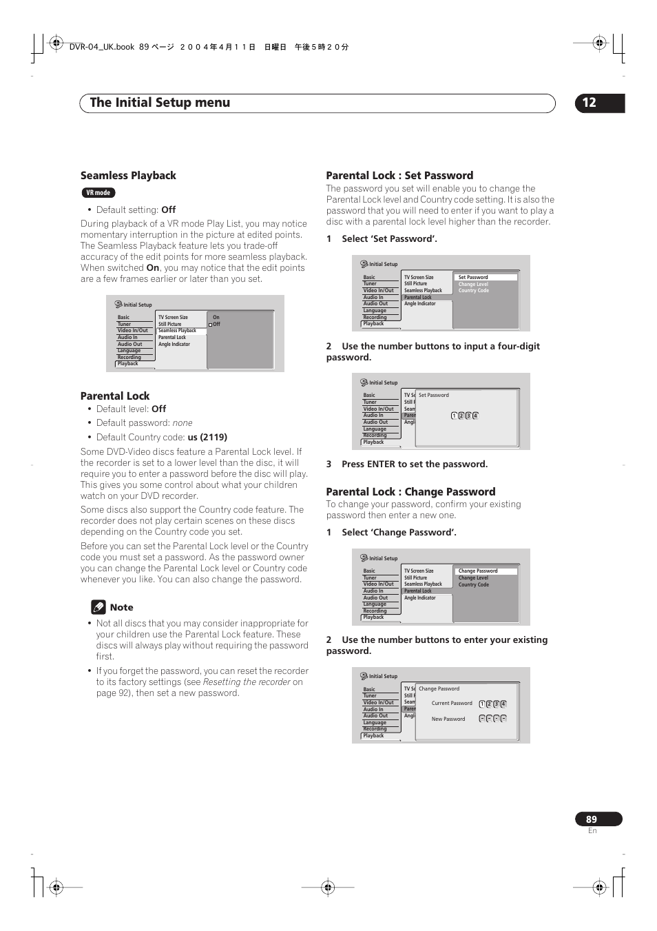 Restrictions on video recording, Setting the picture quality/recording time, The initial setup menu 12 | Seamless playback, Parental lock, Parental lock : set password, Parental lock : change password | Pioneer DVR-220 User Manual | Page 89 / 108