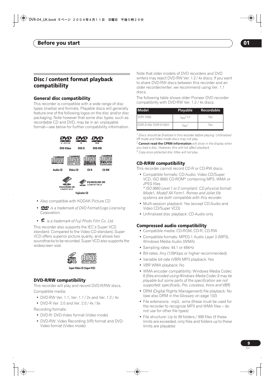 Disc / content format playback compatibility, Before you start 01, General disc compatibility | Dvd-r/rw compatibility, Cd-r/rw compatibility, Compressed audio compatibility | Pioneer DVR-220 User Manual | Page 9 / 108