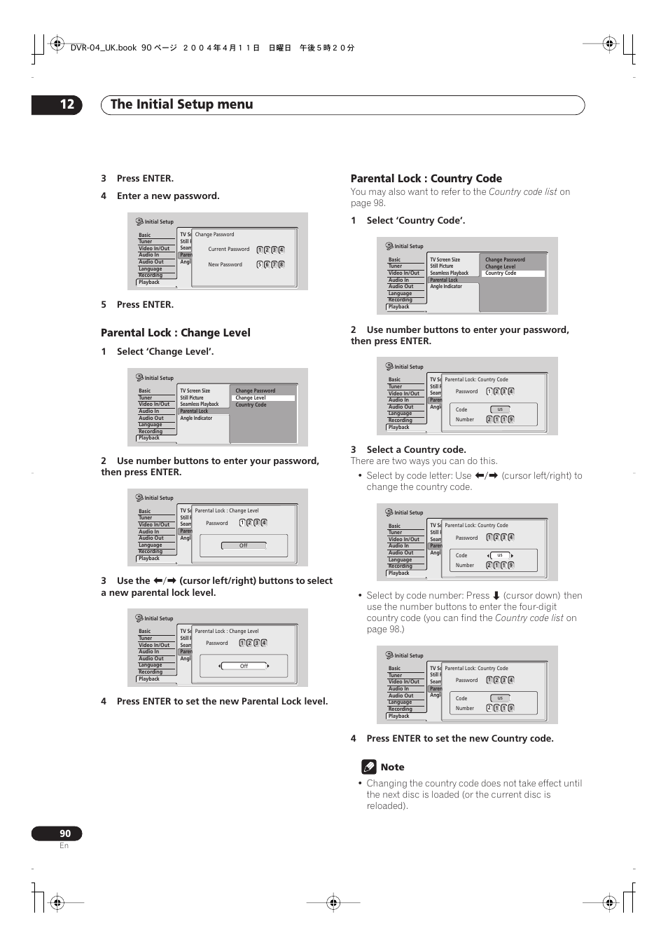 Basic recording from the tv, The initial setup menu 12, Parental lock : change level | Parental lock : country code | Pioneer DVR-220 User Manual | Page 90 / 108