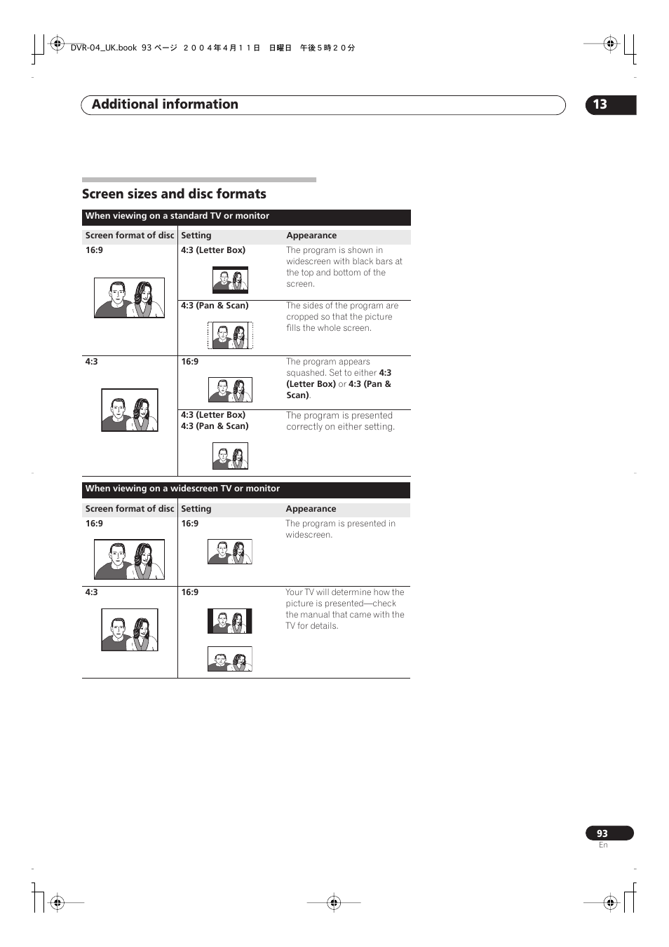 Screen sizes and disc formats, Additional information 13 | Pioneer DVR-220 User Manual | Page 93 / 108