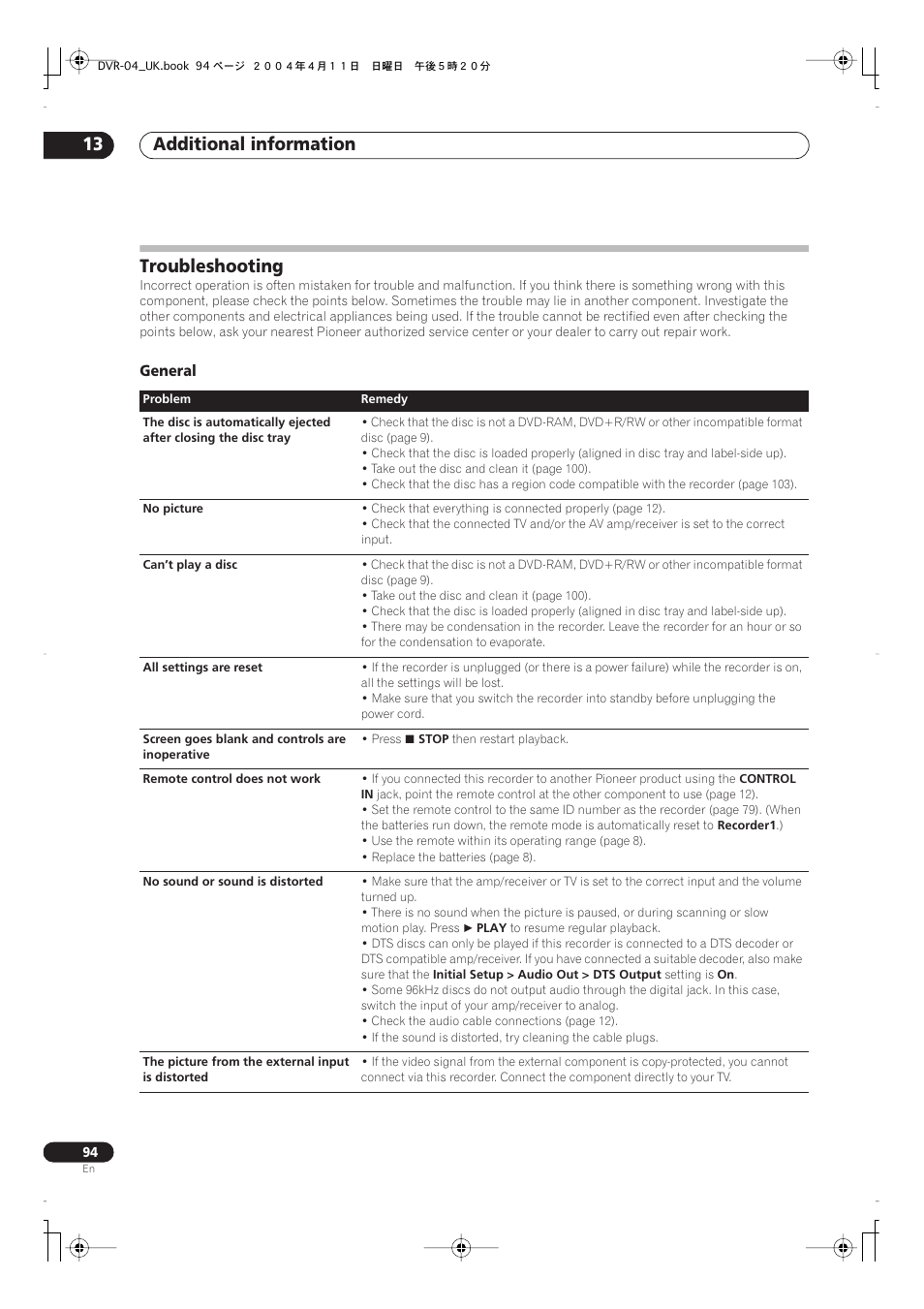 Troubleshooting, Additional information 13, General | Pioneer DVR-220 User Manual | Page 94 / 108